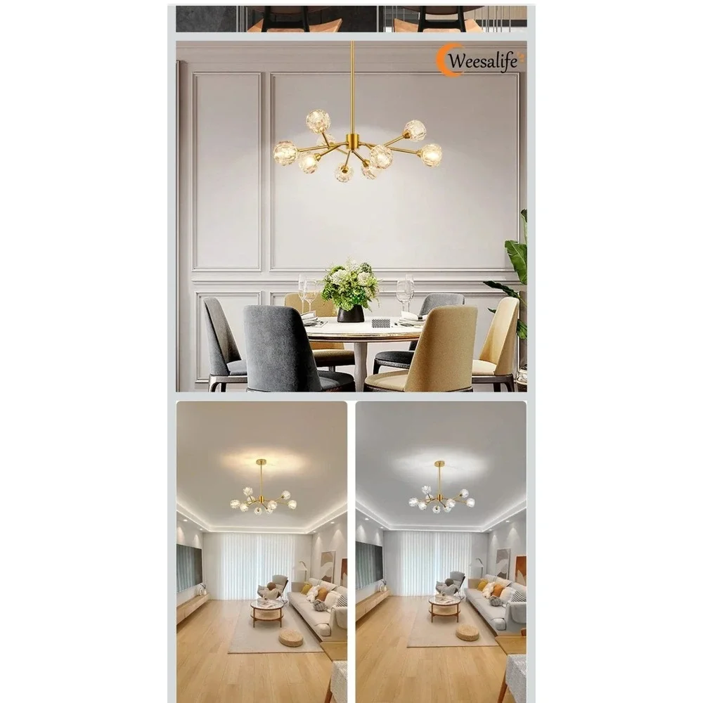 Modern 9-Light Crystal Chandelier in Gold - Perfect for Dining and Living Rooms